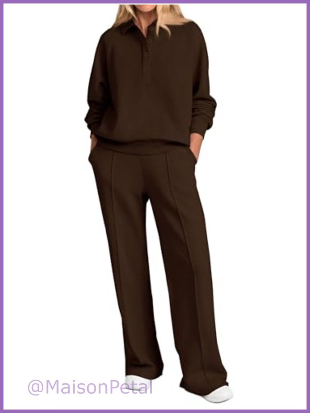 Women 2 Piece Sweatsuit Set Quarter Button V-Neck Sweatshirt Wide Leg